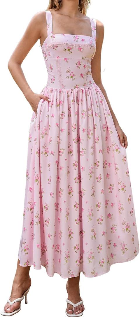 XinFSh Women's Summer Corset Midi Dress Flowy Square Neck Sleeveless Lace Wedding Guest Dresses with Pockets (Medium, Pink)