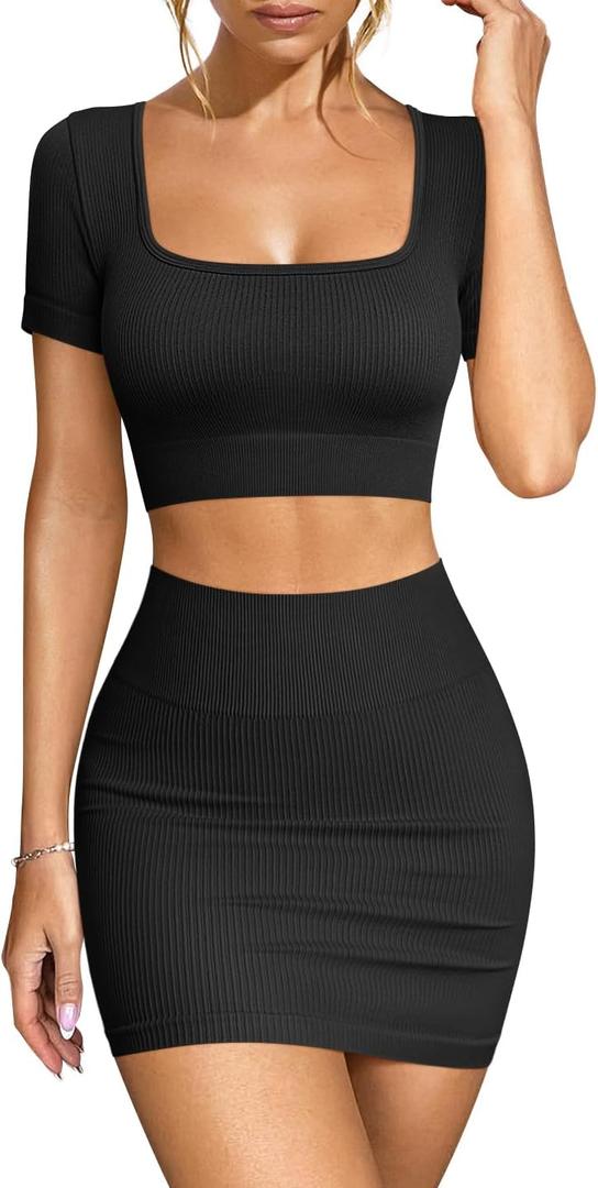 OQQ Women's 2 Piece Outfits Short Sleeve Tops and Mini Skirts Club Suit Sets Black, Small