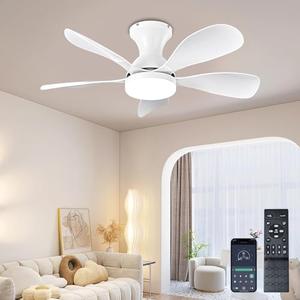Ceiling Fans with Lights and Remote/APP Control, 33 Inch Low Profile Flush Mount Ceiling Fan with 3 Colors Dimmable LED, Reversible 6 Speeds DC Motor for Outdoor Patio, Kids Room, Bedroom （White）