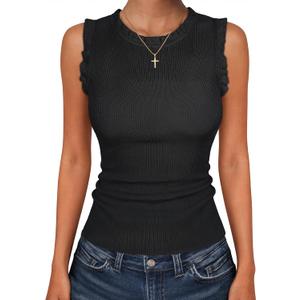 ANRABESS Ribbed Tank Tops for Women Crew Neck Ruffle Sweater Vest Cute Sleeveless Shirts 2026 Summer Business Casual Outfits, M