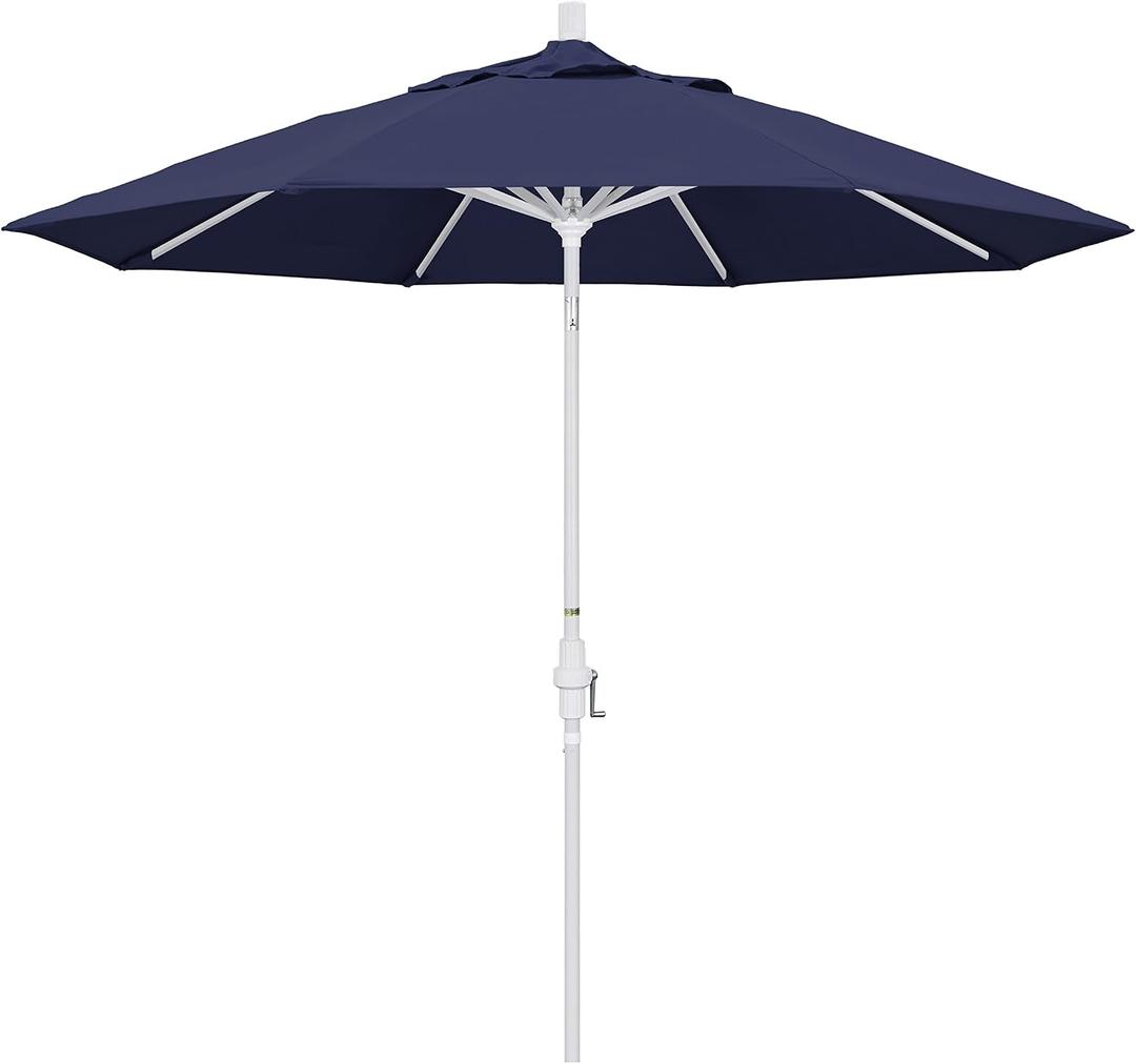 California Umbrella 9' Round Aluminum Market Umbrella, Crank Lift, Collar Tilt, White Pole, Navy Blue Olefin