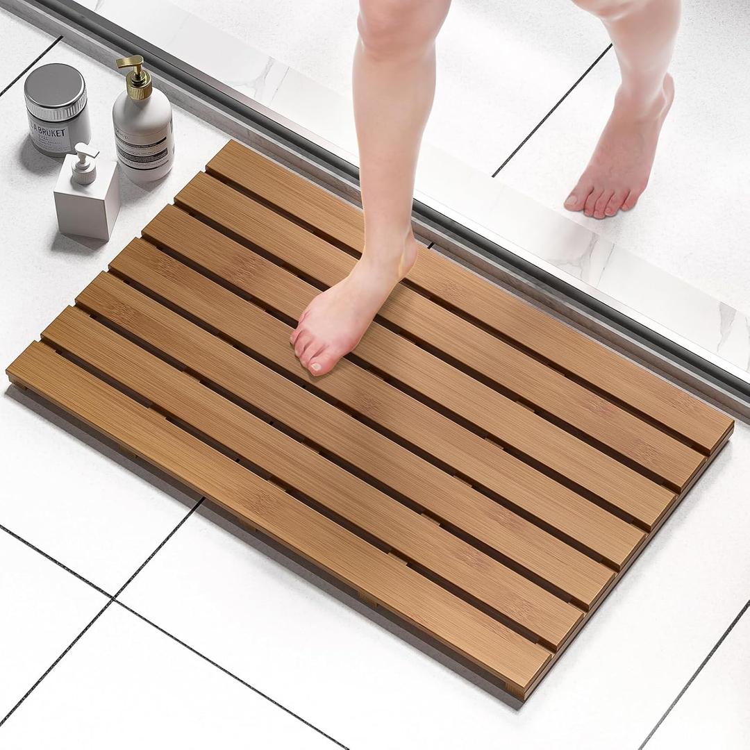 Domax Wooden Bamboo Bath Shower Mat- Non-Slip Waterproof Large Bathroom Floor Mat for Indoor Outdoor (Walnut, 31.3 x 18.1 x 1.5 Inches)
