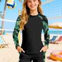 CrabQueen Girls Rash Guard Swimsuit 12-14 Teen Bathing Suits for Girls 12-14 Long Sleeve Printed Top + Bottom with Pockets 2 Piece Swimsuits for Girl Swimwear Black,  12-14Y