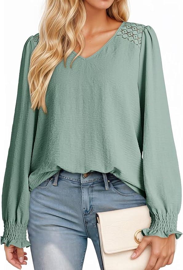 Dokotoo Women's Tops Fall Tops for Women 2025 Casual V Neck Long Sleeve Lace Trim Shirts with Smocked Cuffs Business Casual Outfits for Women Smoke Green, Medium