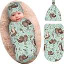 Cute Sea Otters Newborn Swaddle Blankets Beanie Hat Sets, Soft Otter Baby Stuff Blanket Swaddle Sack for Baby Shower Infant Boy and Girl Gift