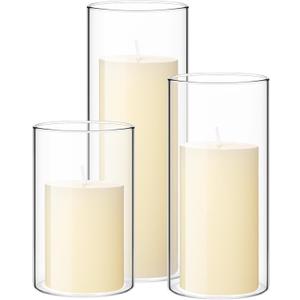 Shihanee Set of 3 Pillar Candles and 3 Glass Cylinder Candle Vases Holders Clear Pillar Jars for Wedding Centerpieces(3.4'' X 4.7", 7", 9.8",Ivory White)