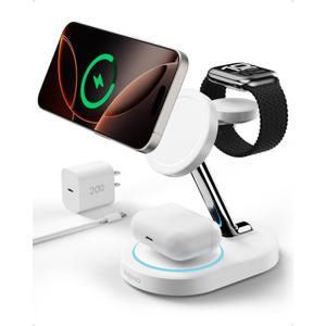Fast Charging Station for iPhone 16/16 Pro/16 Pro Max, Wireless Charger Station for MagSafe iPhones, 3 in 1 Magnetic Charger Stand for iPhone 16/15/14/13/12 Series, Apple Watch & AirPods.(White)