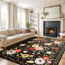 3x5 Rug for Bedroom Washable Rug Non Slip, Girl Rug, Low Pile Boho Floral Area Rug Carpet for Living Room,Bedside, Kids Room, Office(Black)
