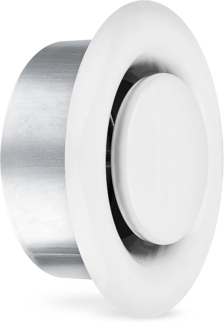 calimaero TVSA 4" Round Exhaust Air Disc Valve  Adjustable Outflow Vent Cover  Metal Ceiling & Wall Grille for Bathroom & Kitchen  Powder Coated Super White RAL 9016