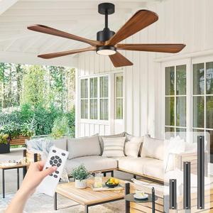 52 Inch Ceiling Fan with Lights and DC Motor by Remote Control, 5 Reversible Solid Wood Blades, 6-Speed Noiseless DC Motor, Modern Ceiling Fan for Outdoor Indoo,Black