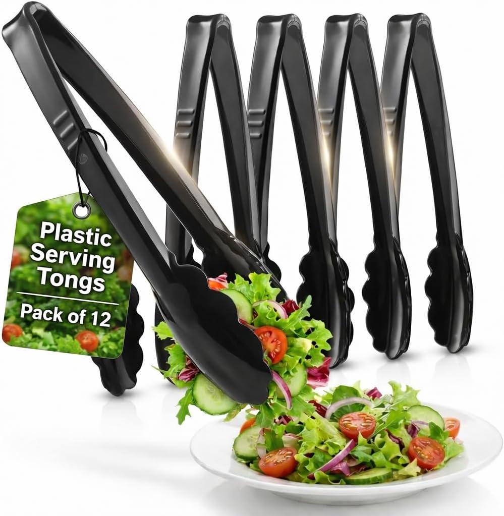 Plastic Tongs for Serving (Pack of 12) 9 Inch - Heavy-Duty Hard Plastic Reusable or Disposable Serving Tongs for Catering, Dinner Parties, Banquets, Buffets, Events, Weddings and Everyday Use, Black