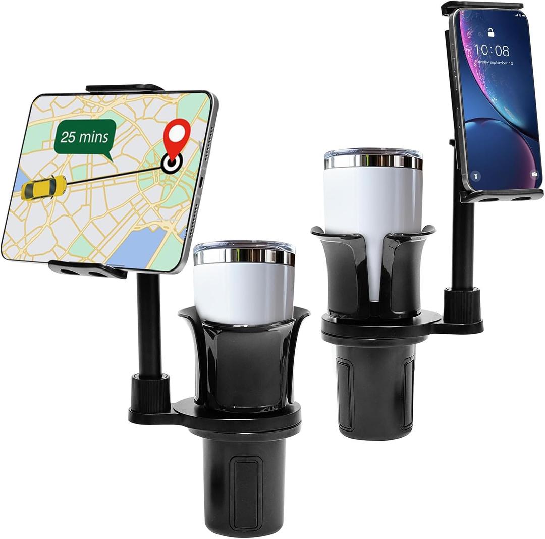 Nicynin Cup Holder Tablet Mount for Car, Dual Rotate Phone Stand Cup Holder Expander for Truck Road Trip Essentials Compatible with 4-11 iPad iPhone Cell Phone