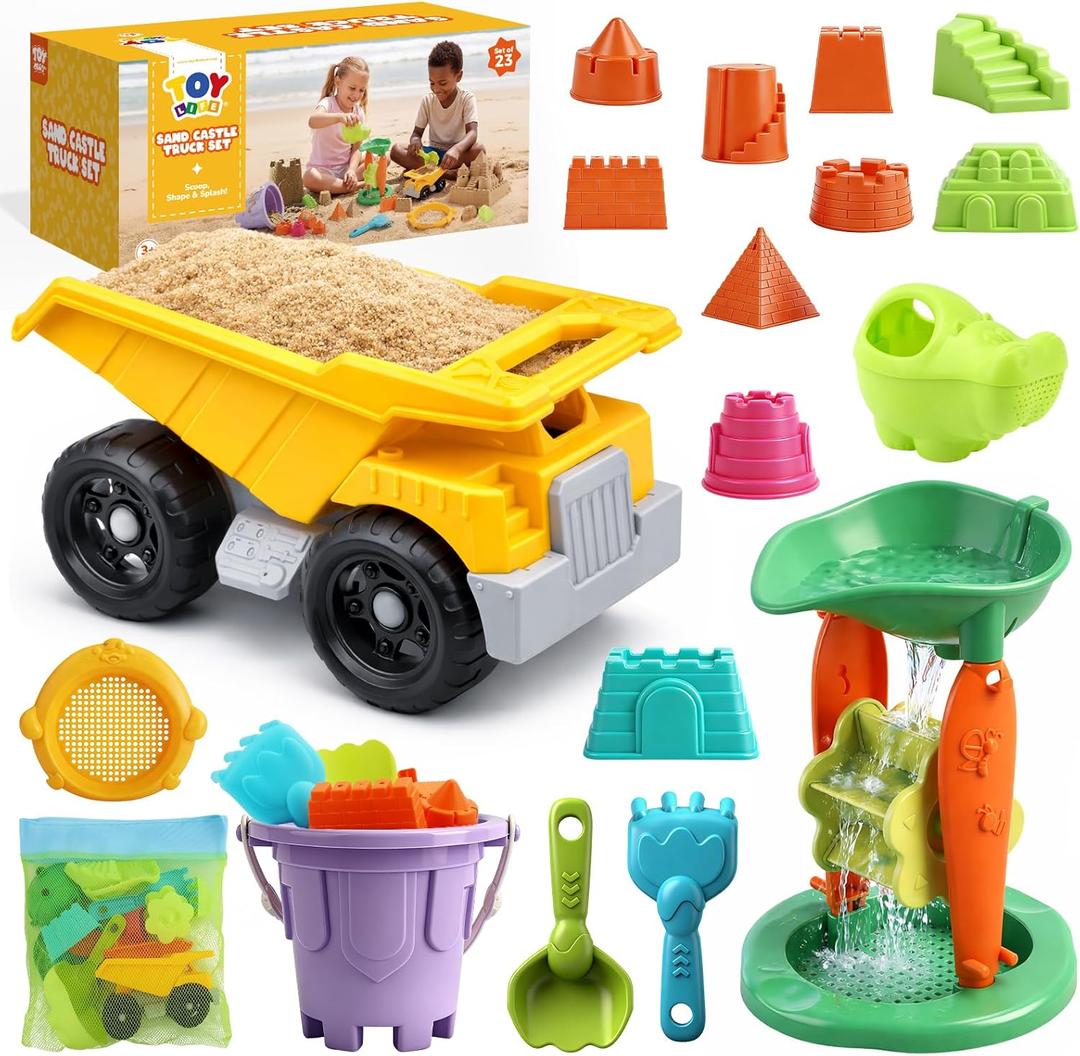 TOY Life 23 Pcs Beach Toys for Kids Sand Toys with Construction Cars Castle Bucket Shovels & Sand Castle Building Kit Molds, Sandbox Toy for Summer Water Play, Travel, Fishing
