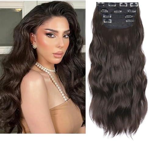 Brown Hair Extensions Clip ins, 4Pcs Long Wavy Synthetic Clip in Hair Extensions for Women Girls (Color: Brown)