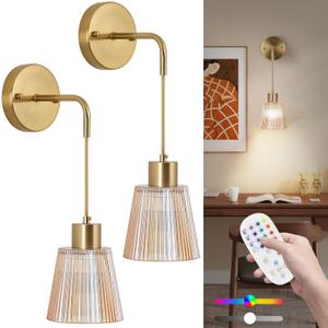 Vintage Wall Sconce Battery Operated,Rechargeable Wall Lights Set of Two,Dimmable Glass Wall Sconces with Remote Control,15 Colors,Wireless LED Wall Lamp for Bedroom Living Room Bathroom Hallway