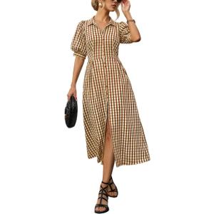 kipfall Gingham Summer Dresses for Women 2026 Slit Hemline Trendy Puff Sleeve Button Down Midi Dress (X-Large, Plaidbrown)