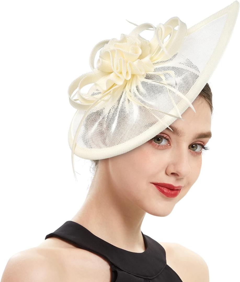 LATIMOON Fascinators Hat for Women Tea Party Headband Mini top Hats Cocktail Flower Mesh Feathers Hair Clip (Ivory-1)