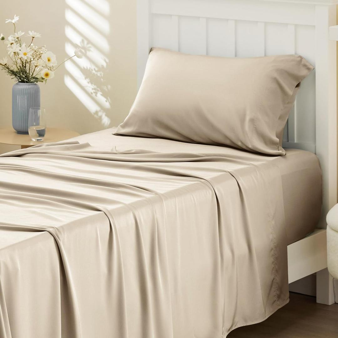 Bedsure Cooling Sheets Twin, Rayon Derived from Bamboo, PureWoven, Breathable & Soft, Deep Pocket Up to 16 Inches, Hotel Luxury Silky Bedding for Hot Sleepers, Beige