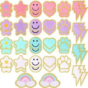 Yilloog 50 Pcs Self Adhesive Chenille Patches Paw Print Smile Face Heart Patch Preppy Sticker Chenille Rainbow Sew on Sticker for Jackets Jeans(Cute Style, Macaron Color)
