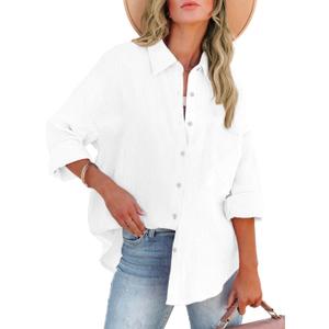ARTFREE Womens Color Block Long Sleeve Striped Button Down Shirts with Pocket Loose Fit Work Casual Collared Blouse Tops (Small, White)