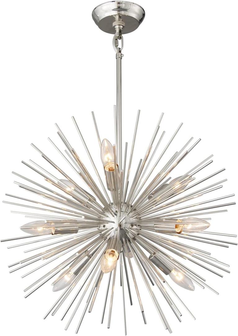 20" Modern Nickel Sputnik Chandelier 9-Lights Mid-Century Modern Starburst Chandelier Vintage Chrome Solid Metal Sputnik Chandeliers for Dining Room, Living Room, Bedroom, Kitchen, E12
