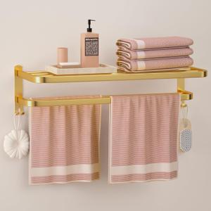 DDS-DUDES 23 Inch Gold Bathroom Towel Rack Towel Shelf with Double Towel Bars Lavatory Wall Mount Holder with Hooks Golden Stainless Steel Hotel Bath Rack