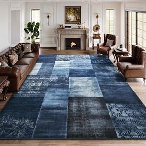 DweIke Washable Area Rugs 8x10 for Living Room, Large Modern Geometric Navy Blue Soft Patchwork Carpet, Non-Slip Stain Resistant Throw Rug for Bedroom Dining Room Office Home Decor