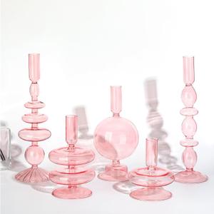 Rtteri 5 Pcs Glass Candlestick Holders Colorful Glass Taper Candle Stand Groovy Candlestick Wavy Boho Chic Clear Bases Holders Elegant Vase for Home Party Centerpiece(Pink)