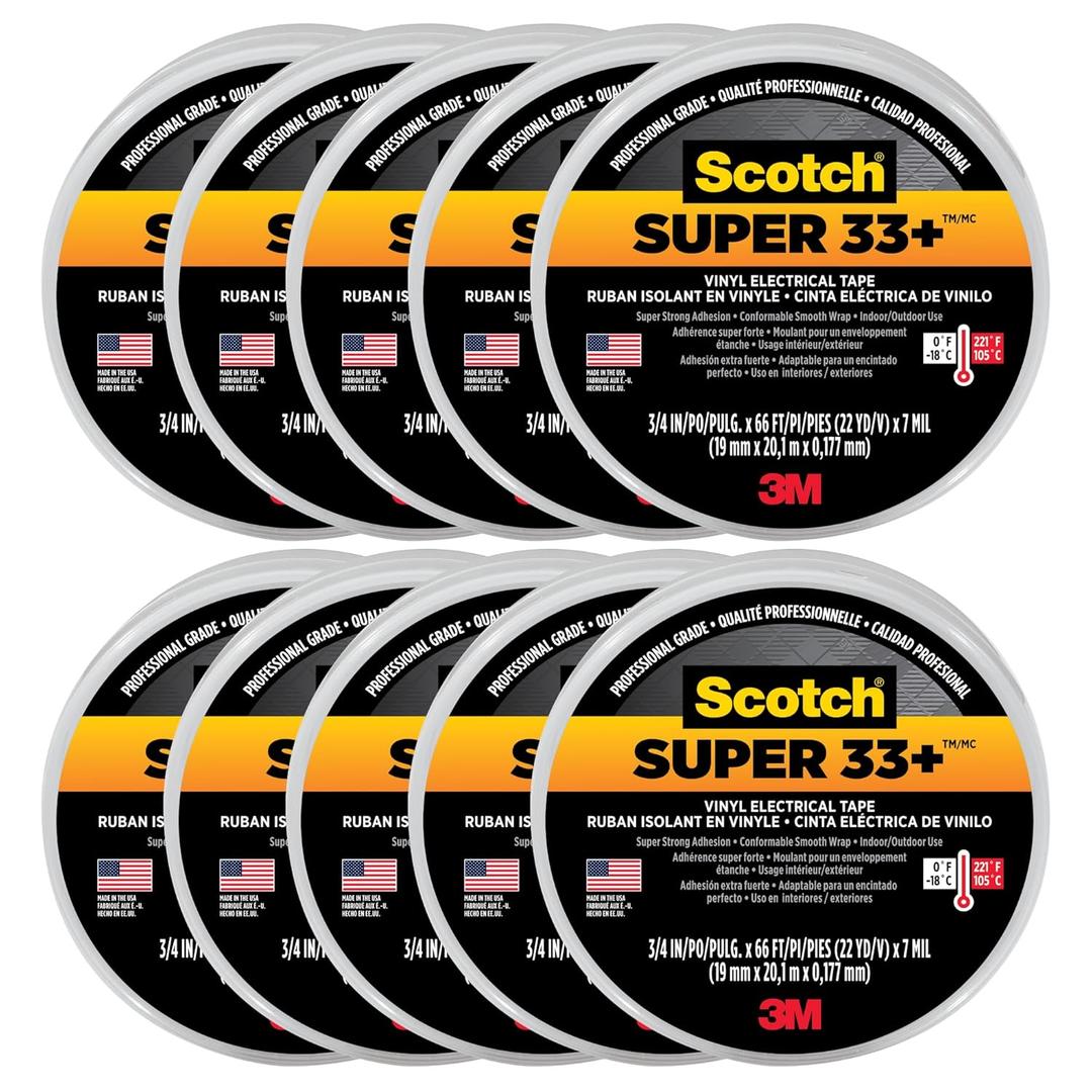 Scotch 3M Super 33+ Vinyl Electrical Tape.75-Inch by 66-Feet, 10-Pack