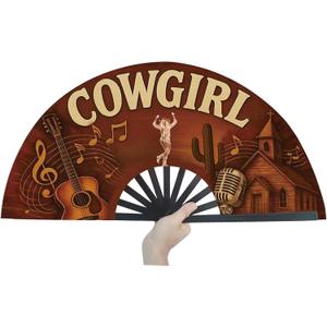 Cowgirl Fans for Line Dancing, 13inch Large Hand-held Flat Fan Western Style Popping Fan for Party, Festival, Club, Dancing