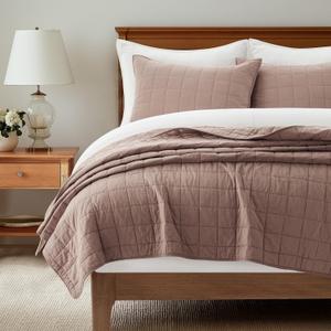 EVERGRACEHOME 100% Cotton Box Stitch Quilt Bedding Set Queen Size 3 Pieces, Garment-Washed Lightweight Soft Cozy Coverlet, Quilted Bedspread Sets with 2 Shams for All Season, Clay | Box Stitch Design, 100% Cotton, Soft, Oversized, Pre Washed, Oeko-Tex Certified