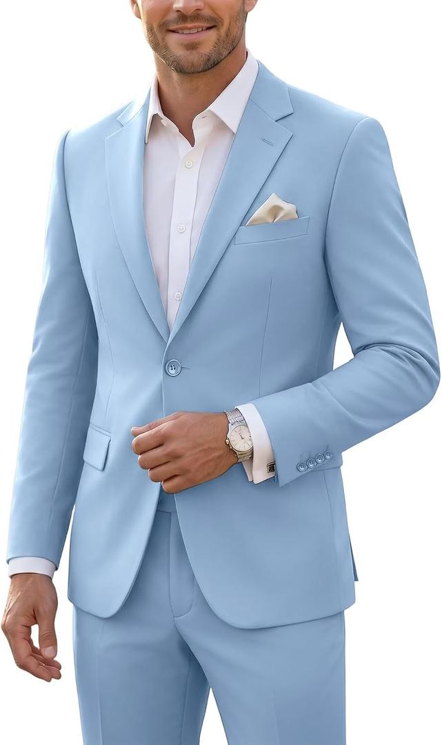 JPF Men's 2 Piece Slim Fit Suit Set, Two Button Solid Jacket Pants with Tie Suits for Men (Blue, M)