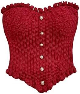 MakeMeChic Women's Strapless Bandeau Crop Top Vintage Sleeveless Ruffle Tube Tops Burgundy X-Small