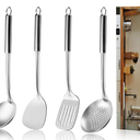 4 Pcs Cooking Utensils Set, Stainless Steel Kitchen Utensils, Heat Resistant Metal Kitchen Tools Include Solid & Slotted Turner Wok Spatula, Serving Spoon, Ergonomic Handle, Easy to Clean, Silver