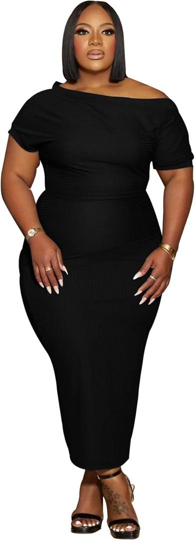 YeGine Women Plus Size Bodycon Long Dress Off Shoulder Sexy Slim Elegant Dresses (5X-Large Plus, Black)