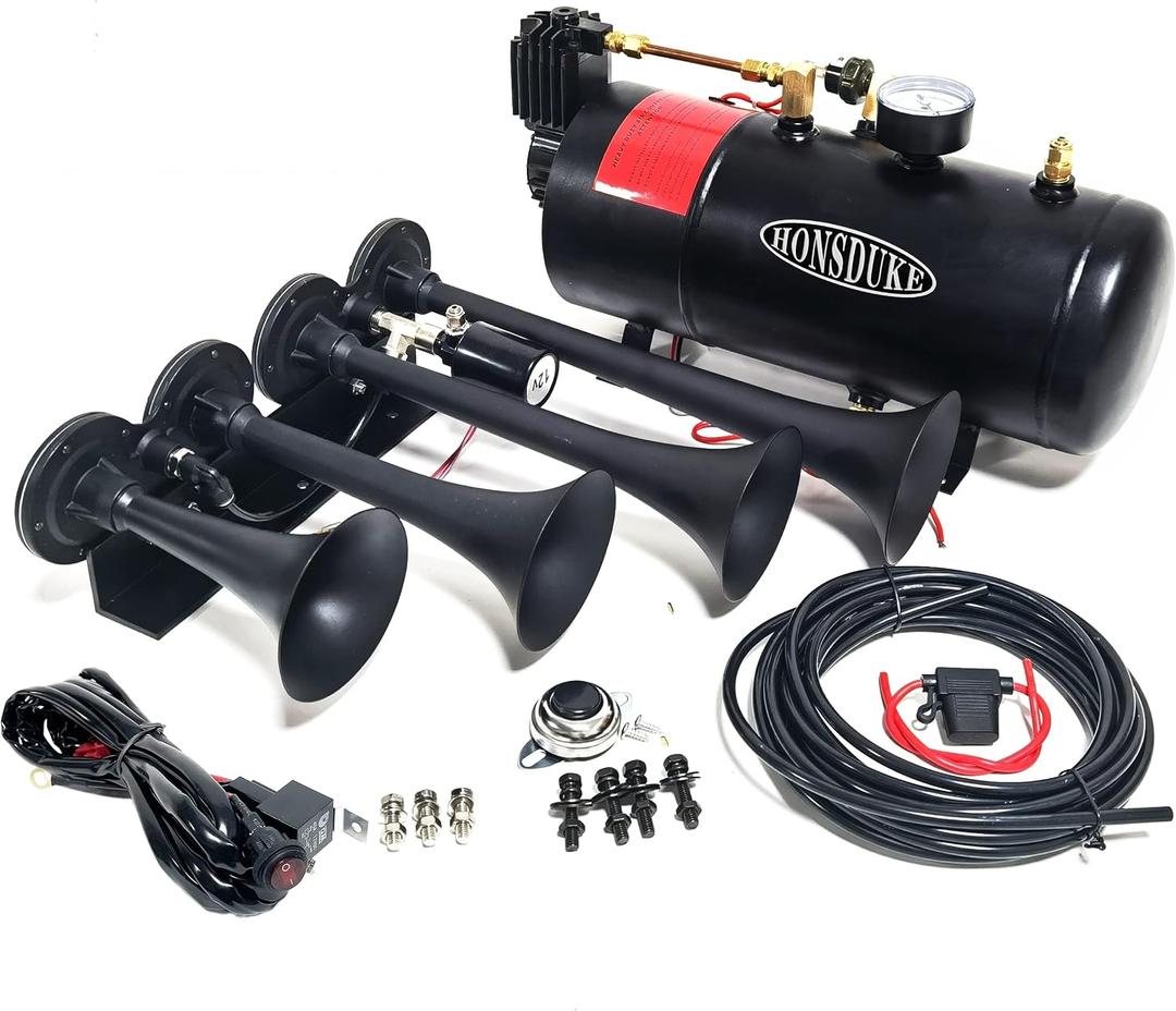 3 Liter Train Horn Kit for Trucks/Car/Semi. Complete Onboard System of 150psi Air Compressor, 1 Gallon Tank, 4 Trumpets. Super Loud dB. Fits All DC12V Vehicles Like Pickup/Jeep/RV/SUV