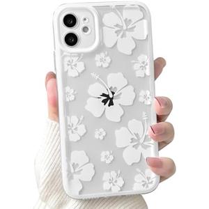 Lovmooful Compatible for iPhone 12 Case Clear Cute Floral Flower Hibiscus with Color Edge Design for Girls Women Soft TPU Shockproof Protective Girly for iPhone 12 Case-White