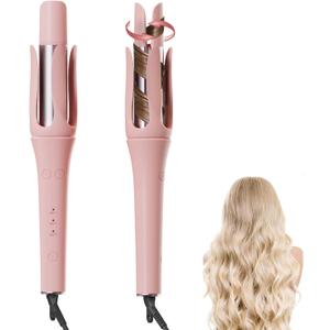 TANSHINE Automatic Rotating Curling Iron,1.25 Inch Ionic Curling Wand with 3 Temp,Hair Waver with Anti-Scald Design, Dual Voltage Hair Curler, Ceramic Coating for Travel,32mmBarrel,Pink