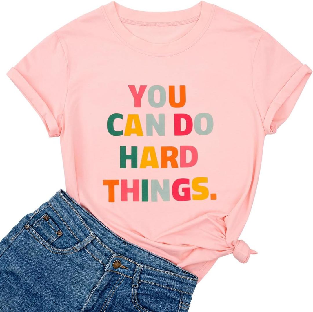 Ykomow You Can Do Hard Things Teacher T Shirt Womens Let it Be Live Happy Happiness Graphic Tees (Pink, L)