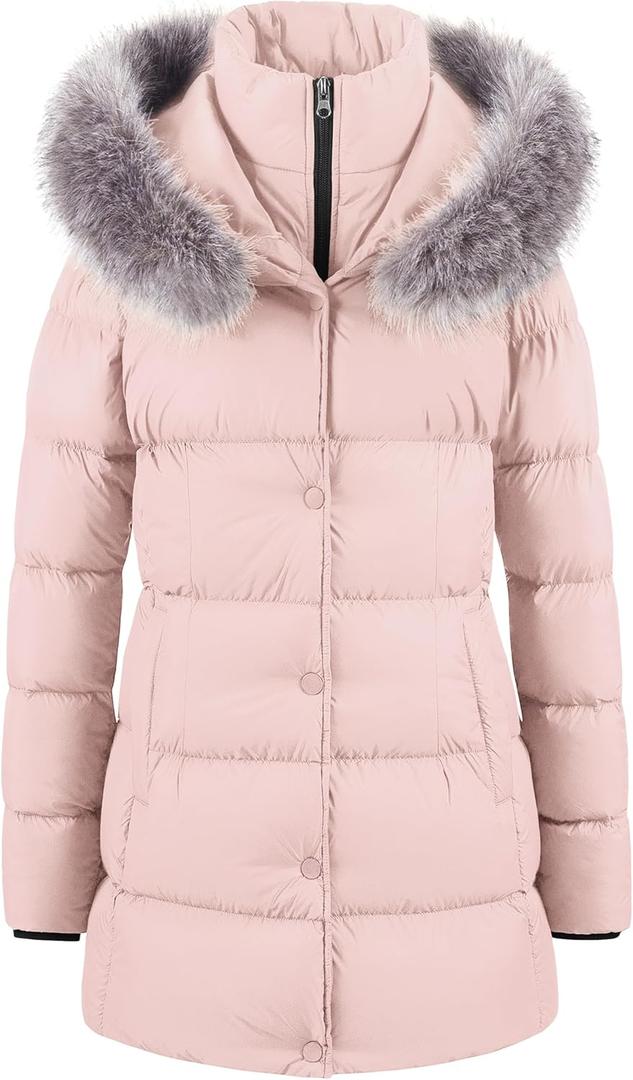 CREATMO US Women's Winter Snow Jacket Long Fur Puffer Coat With Removable Faux Fur Trim (Pink)