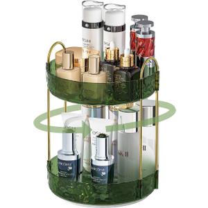 COMVTUPY 360° Rotating Makeup Organizer - Large Capacity Makeup Skincare Perfume Organizer Bathroom Organizer for Countertop Green 2 Tier