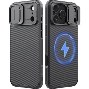 NILLKIN for iPhone 17 Pro Max Case Magsafe, [Dual-Slide Lens Cover] [4-Corner Shockproof Airbags] [Anti-Lost Lanyard Hole] Slim Phone Case Magnetic Silicone Cover for iPhone 17 Pro Max 6.9 inch, Black