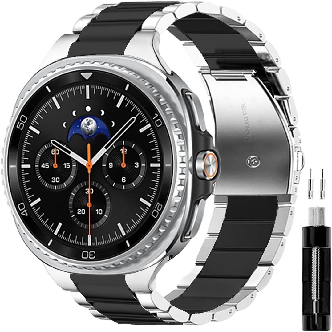 GOLDTOLUCK No Gap Stainless Steel Band Compatible with Samsung Galaxy Watch 8 7 6 5 4 Classic FE Pro Ultra 40mm 44mm 46mm 43mm 47mm 45mm 42mm Replacement Men Women Milanese Metal Elegant Casual (Black/Silver)