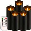Black Pillar Flameless Candles 3D Wick with Controller,led Slim Candles Flicering Flame,Battery Operated Fake Plastic Candles for Halloween Christmas,Party Dcor.(5Pack H 5" 5" 6" 6" 7" x D 2.2")