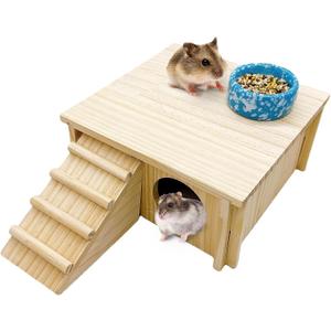 Wooden Hamster Hideout Gerbil House with Climbing Ladder and Window Habitats Decor Detachable Syrian Hamster Cage Accessories for Rat Gerbils and Other Small Pets