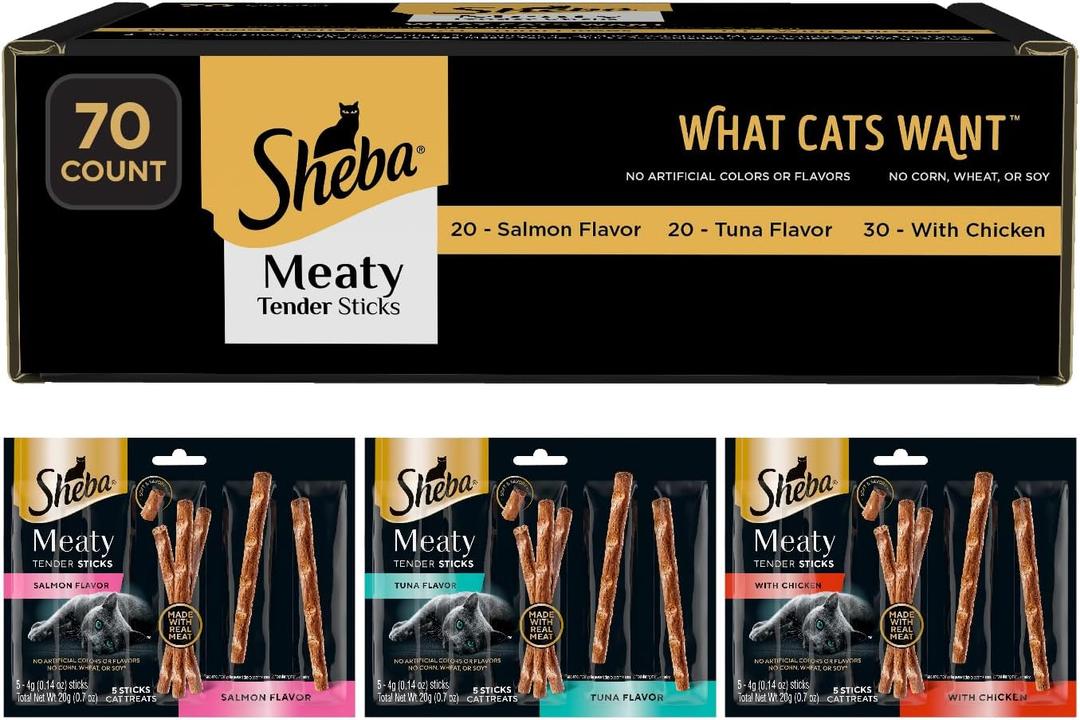 Sheba Meaty Tender Sticks Cat Treats Chicken, Tuna Flavor, or Salmon Flavor, 0.14 oz., 70 Count, BB Date: 04/08/27