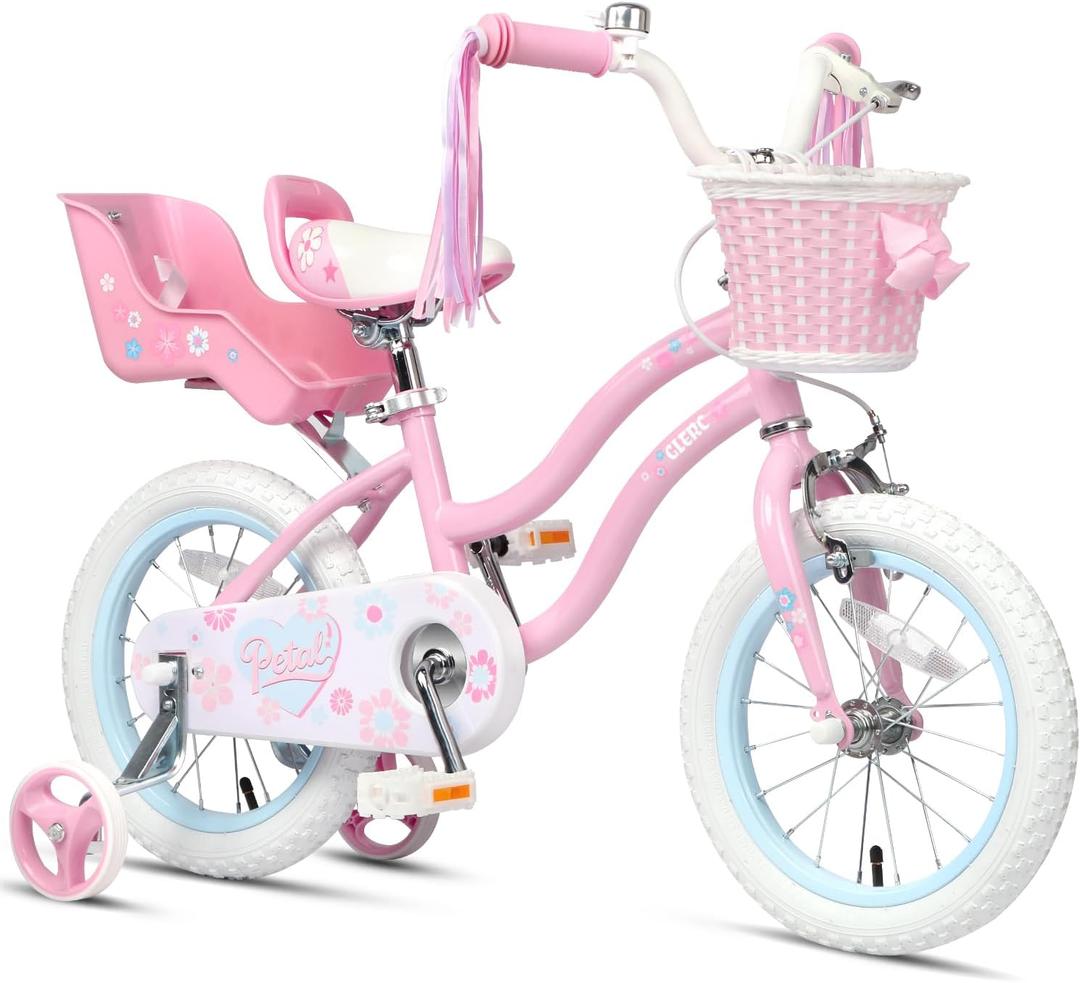 Glerc Petal Girls Bike, 12-18 Inch Kids Bike for Ages 2-9 Years Old Children, Princess Style Kids Bicycle with Training Wheels & Basket & Streamers, Multiple Colors, 14 Inch
