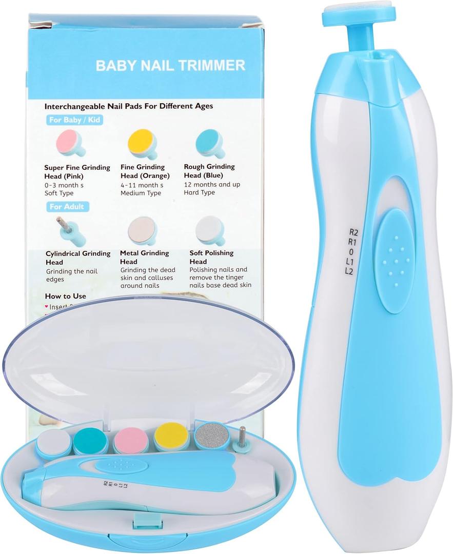 Electric Baby Nail Trimmer, Safe Gentle Nail File Grinder Kit with LED Light, Whisper Quiet, 6-in-1 Nail Care Set for Newborns Toddlers Kids & Adults, Adjustable Speed & Rotation, Portable Trave, Blue