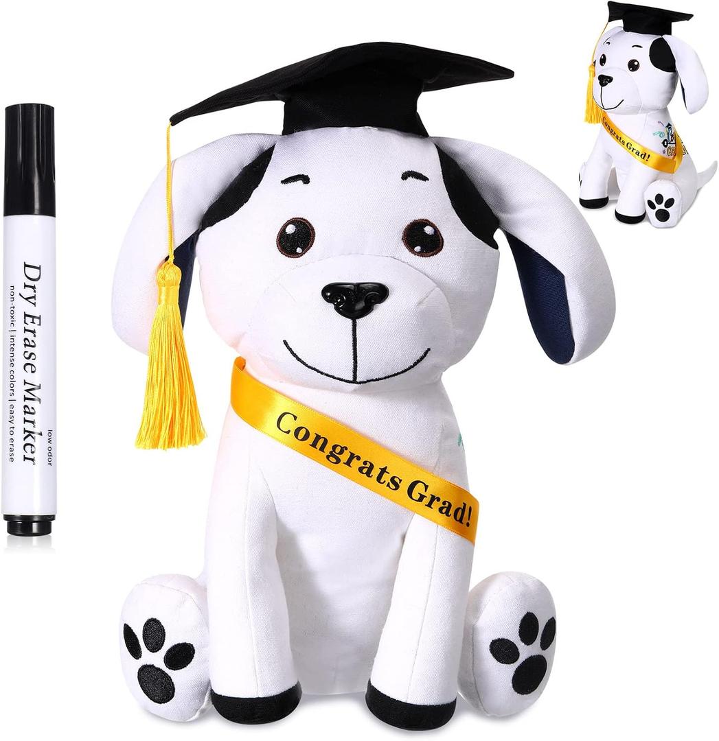 Zomiboo Graduation Dog Autograph Stuffed Animal 2026 Smooth Fabric Stuffed Toy with Congrats Grad Signature Dog Animal with Marking Pen Gold Tassels for Graduate Party Supplies(Black)