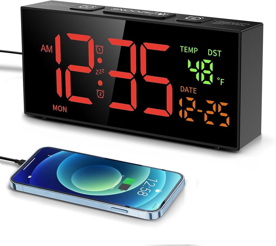 Netzu Alarm Clocks for Bedrooms, Digital Alarm Clock with Date Temperature and Weekday, Manual DST, Snooze, 2 Alarms, 4 Volumes for Living Room Home Bedside Desk (Black and Red)